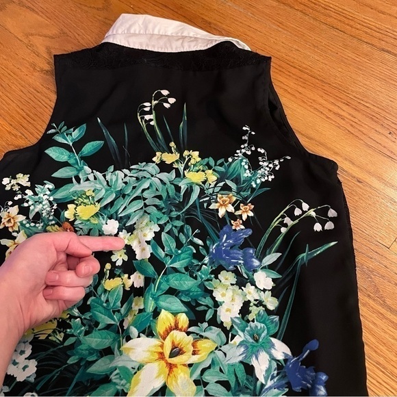 ALFANI PETITE Black Green Floral White? Collar Lace Sleeveless Button Blouse Top - Picture 13 of 16